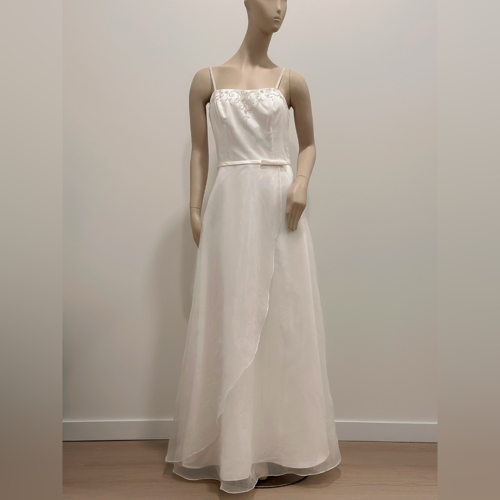 DaVinci White Spaghetti Strap Wedding Dress with Sheer Overlay